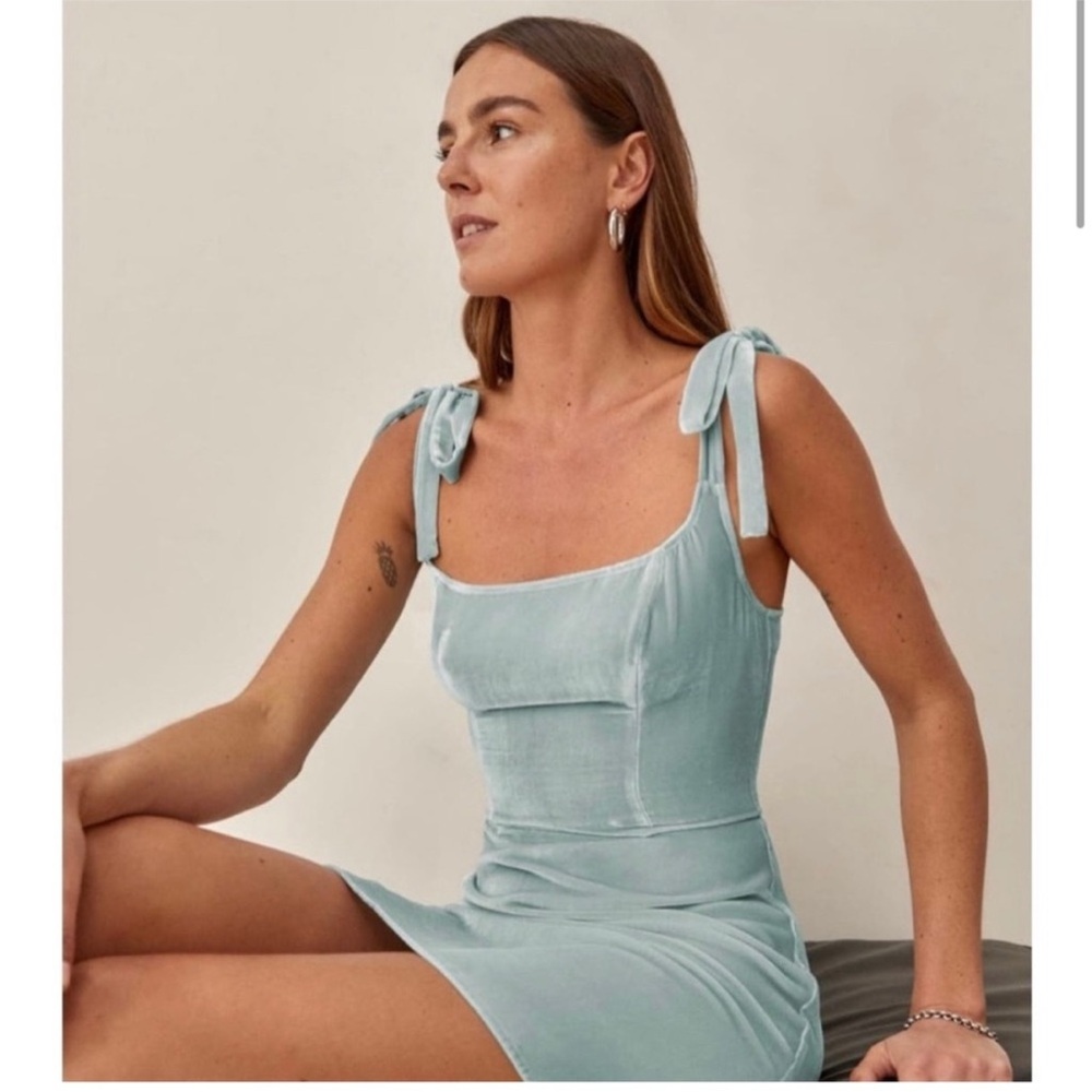 Reformation Minna Blue Velvet Mini Dress Size 12, only worn once!